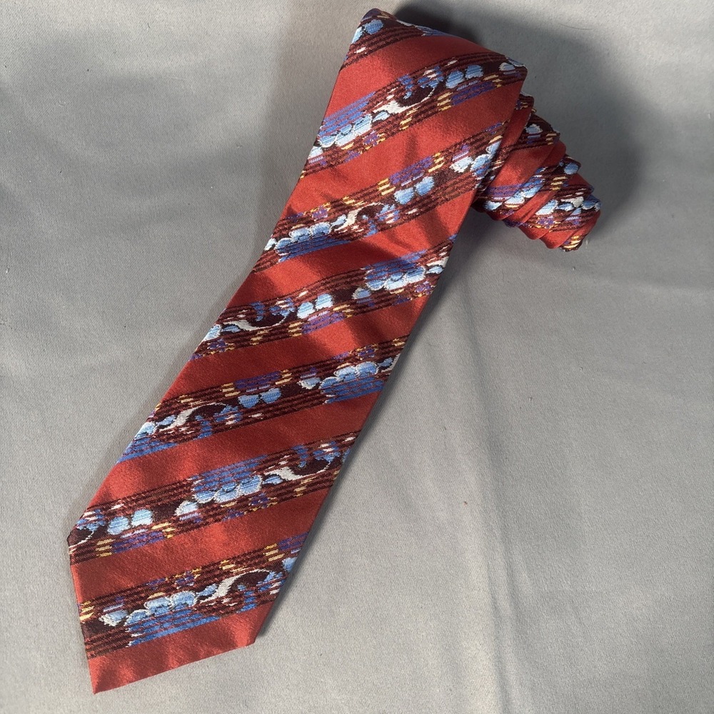 Tino Cosma Italy Mens Silk Tie Rust Red Blue Abstract Geometric Stripe Vintage